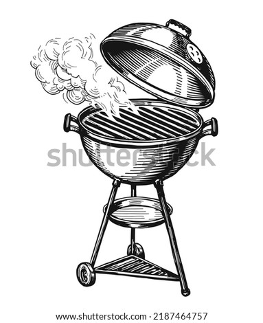 BBQ grill isolated. Barbecue brazier with smoke. Kebab, grilled food concept. Hand drawn sketch vector illustration