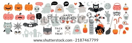 Halloween graphic elements - pumpkins, ghosts, owl, cat, candy and others. Hand drawn set. Vector illustration.