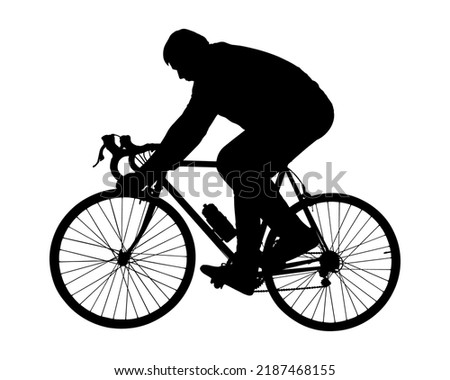 A big guy on a road bike. A man in a tracksuit and sneakers rides a bicycle. Cyclist. Cycling. Sport. Path of health. Side view, profile. Male black color silhouette isolated on white background.