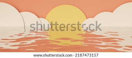 Sunset with cardboard cutout clouds and pastel pink sky background reflected in realistic ocean. 3d rendering.