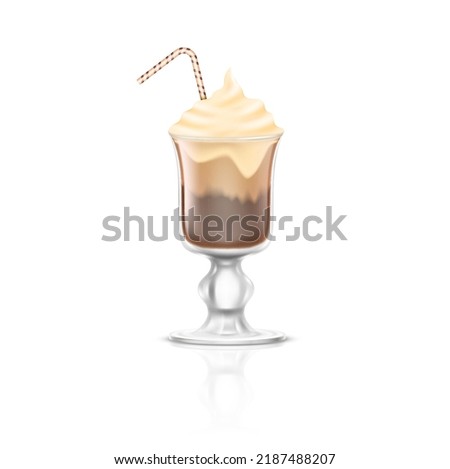 Milkshake with soft serve ice cream and garnish. Milky cocktail in realistic tall glass on white background. Summer cold beverage drink with chocolate and whipped cream. Vector illustration