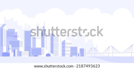 Light gray cityscape background with bridge. City buildings with trees at park view. Urban landscape with street. Modern architectural panorama in flat style. Vector illustration horizontal wallpaper Royalty-Free Stock Photo #2187493623