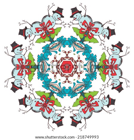 Christmas festive snowflake. Hand-drawn ornament of snowmen, Christmas trees, candy canes, gifts and bows.