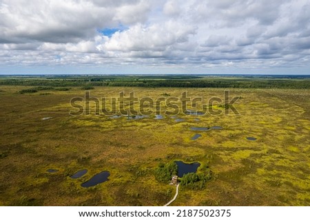 Aerial summer beautiful view of The Aukštumala raised bog swamp, Lithuania Royalty-Free Stock Photo #2187502375
