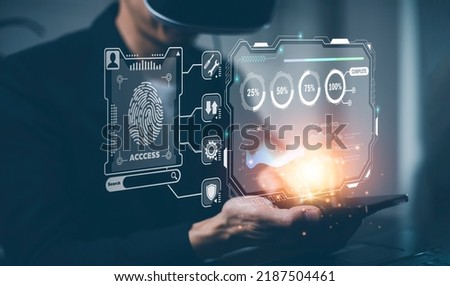 Man wearing VR glasses virtual touch screen bitcoins graph Screen Icon of media screen,Technology Process System Business with Communication and marketing concept, big data, HR Human, Business success