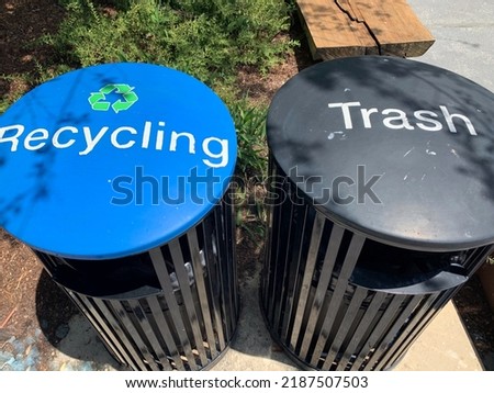 Blue recycling bin and black trash can together in a city park
