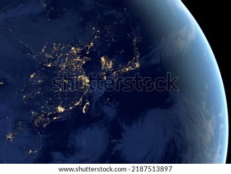 China, Taiwan, Korea and Japan on globe at night, East Asia map in satellite photo. View of city lights on Earth, Eurasia southeast, Pacific Ocean from space. Elements of this image furnished by NASA