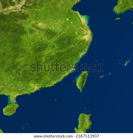 Map of China and Taiwan in satellite photo, physical detailed map of Asia southeast. Green terrain and blue seas. Aerial view of Taiwan island. Topography theme. Elements of image furnished by NASA.