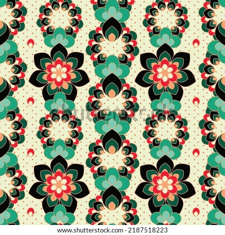 Flower crowns in vertical dotted pattern in green and red colors. Vector seamless pattern design for textile, fashion, paper, packaging, wrapping and branding