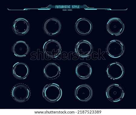 HUD interface round frames, aim control and target circles, vector digital UI dashboard. Virtual cyber screen round buttons and crosshair, HUD futuristic technology circle holograms and round frames Royalty-Free Stock Photo #2187523389