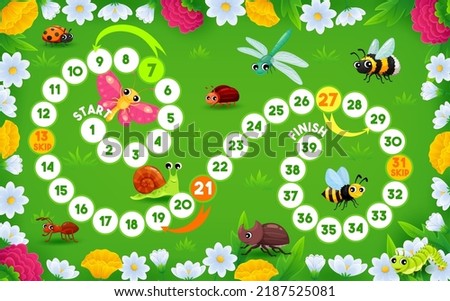 Step board game, cartoon insect characters on summer meadow with vector path of numbered steps and arrows. Kids worksheet of puzzle quiz with cute personages of butterfly, ladybug, bee, ant and bug
