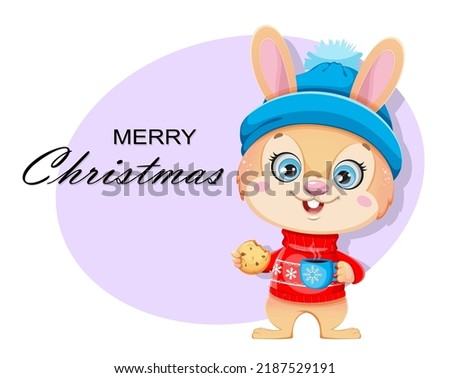 Merry Christmas greeting card. Cute cartoon character rabbit drinking coffee with cookie. Merry Christmas and Happy New year.