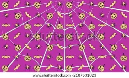 Helloween pattern with bats spiders and pumpkins on a pink background with spider web