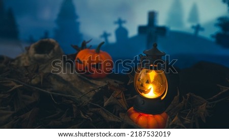 Spooky cemetery with glow halloween pumpkin in the night