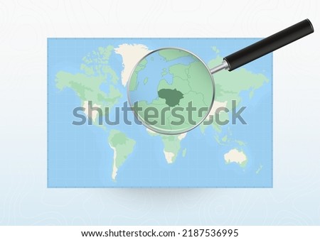 Map of the World with a magnifying glass aimed at Lithuania, searching Lithuania with loupe. Vector map.