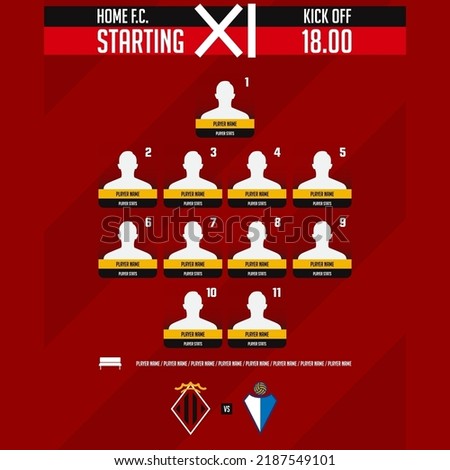 Football team formation, starting list or lineups infographic template. Set of football player position on soccer field.  Football kit, soccer jersey icon in flat design. Vector Illustration. Royalty-Free Stock Photo #2187549101