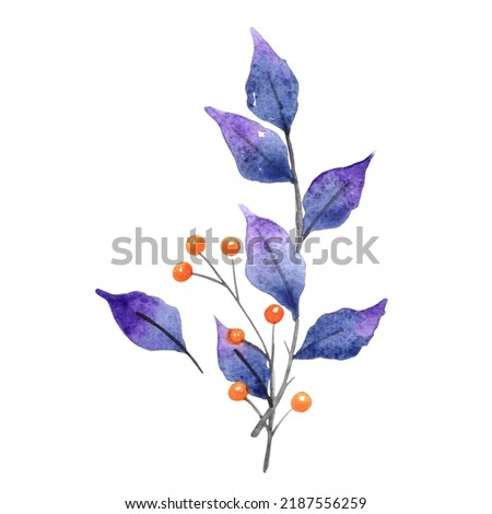 purple leaves and wild berry watercolor illustration for decoration on Autumn season, Halloween and Thanksgiving festival.