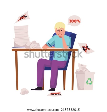 Perfectionist and hard worker man calculating percents, flat vector illustration isolated on white background. Sad and frustrated workaholic sits at the table. Perfectionism and OCD concepts.