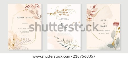 Luxury fall wedding invitation card template. Watercolor card with gold line art, leaves branches, foliage. Elegant autumn botanical vector design suitable for banner, cover, invitation. Royalty-Free Stock Photo #2187568057