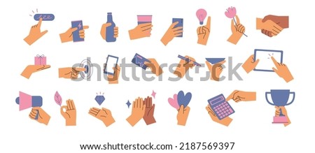 A collection of hands holding something or conveying information. flat design style vector illustration.