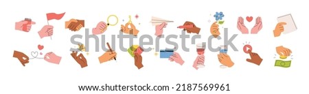 Hands holding various objects, hands expressing something. flat design style vector illustration.