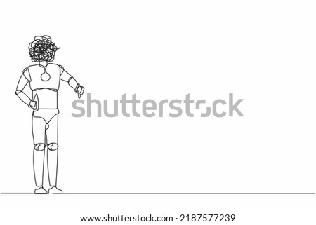 Single continuous line drawing robot with round scribbles instead of head, showing thumbs down sign, dislike, negative expressions. Future technology. One line draw graphic design vector illustration