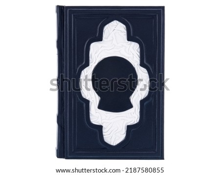 Blue Leather mockup book with cover color isolated on white background, front view. Diary for writing and printing With empty lable and brass metal fittings.