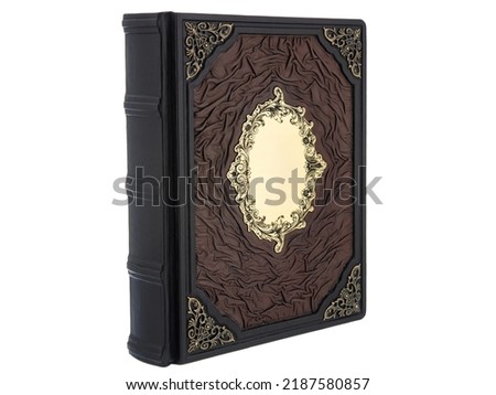 Brown Leather mockup book with cover color isolated on white background, front view. Diary for writing and printing With empty lable and metal fittings.