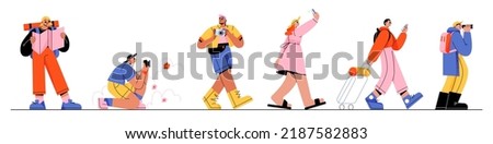 Tourists and travelers characters, people travel, hiking, excursion trip. Men and women group with backpacks, luggage, map and photo cameras traveling abroad, Line art flat vector illustration, set