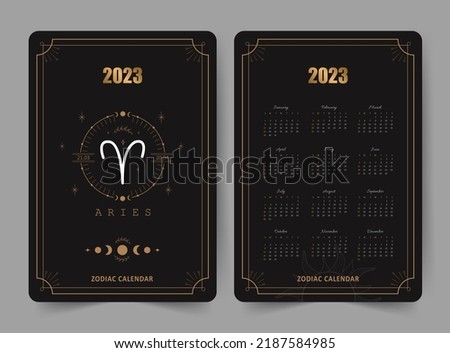 Zodiac aries calendar 2023. Pocket size. Front and back sides. Week starts on sunday. Astrological vector template ready to print. Vertical layout in English with horoscope sign.