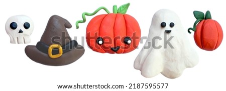set of cliparts on the theme of halloween. cute 3d plasticine sculptures. funny characters ghost, pumpkin, skull. for kids