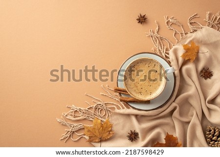 Autumn concept. Top view photo of cup of frothy coffee on saucer cinnamon sticks anise autumn maple leaves pine cone and plaid on isolated beige background