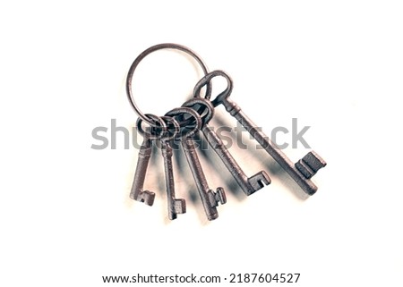 rusty bunch of old keys on white background, close up Royalty-Free Stock Photo #2187604527