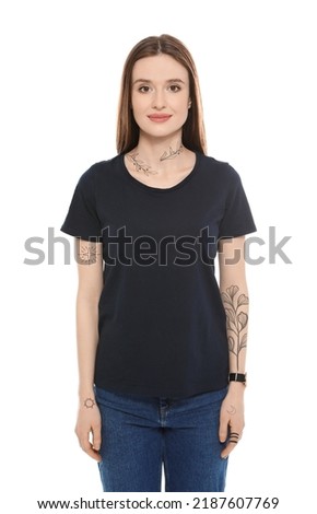 Attractive woman with beautiful tattoo sketches on white background