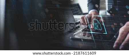 Cyber security, data protection information privacy internet technology concept. Businessman working on digital tablet computer with padlock protecting business and financial data network connection Royalty-Free Stock Photo #2187611609