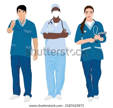 Set of different doctors on white background