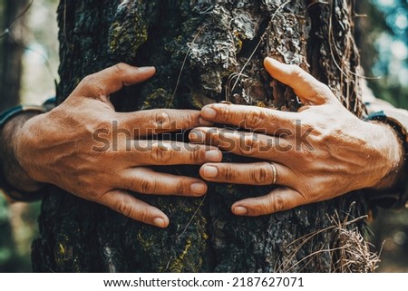 Close up of people hands hugging a trunk tree with love and protection concept. Stop deforestation and climate change. Global warming earth's day. Nature help activity. Man protect planet environment Royalty-Free Stock Photo #2187627071