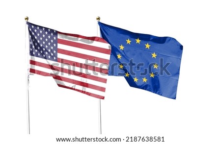American flag and European Union flag with clipping path isolated on white background. Close up of the waving flag. symbol. Frame with blank space for your text.