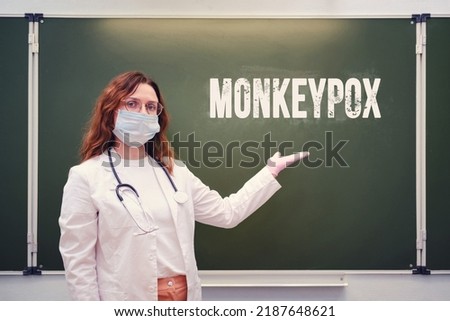 Doctor and inscription monkeypox virus, quarantine due to disease pandemic. Nurse and text monkey pox, virus epidemic