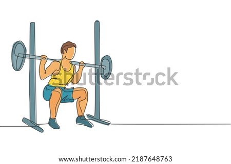 Single continuous line drawing of young sportive man train lifting barbell in sport gymnasium club center. Fitness stretching concept. Trendy one line draw design vector illustration graphic