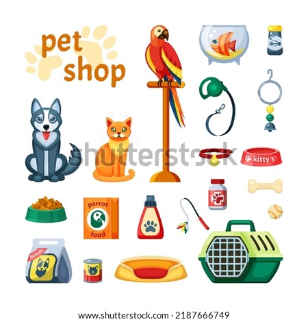 Pet set shop. Accessories for pets colored parrot, cat, dog, fish, wand with a portable container, a leash with a collar, shampoo and vitamins, a toy ball, a rubber bone, a bell. graphics