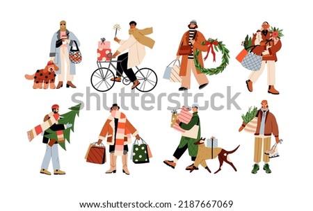 Happy people at Christmas eve set. Merry men and women characters walking with gift boxes, Xmas trees, shopping bags on winter holiday. Flat graphic vector illustrations isolated on white background Royalty-Free Stock Photo #2187667069