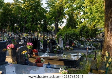 Catholic cemetery, tombstones and graves in the Christian cemetery. Well-kept graves. Christian cemetery. All Saints Day. Remembering the Dead. Flowers and candles on the graves. Artificial flowers. Royalty-Free Stock Photo #2187680143