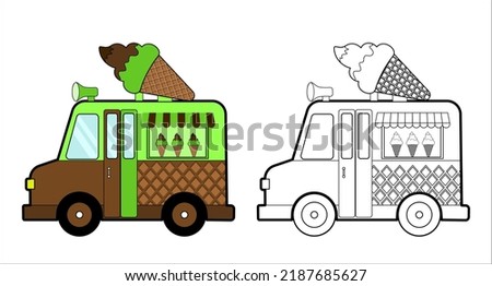 Coloring book. Cartoon fast-food car with a big ice cream for kids activity colouring pages. Vector illustration