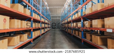 Cardboard Boxes Product in Warehouse Shelf. Product Package for logistic shipping. Retail Warehouse full of Shelves with Boxes for Delivery. Banner Background.