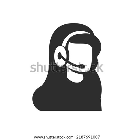 Assistant, Support icon. woman with an earpiece and a microphone. Consultation by phone. Black and white symbol. Vector illustration Royalty-Free Stock Photo #2187691007