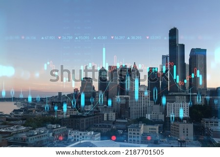 Seattle aerial skyline panorama of downtown skyscrapers at sunset, Washington USA. Forex graph hologram. The concept of internet trading, brokerage and fundamental analysis
