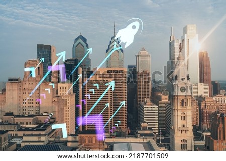 Aerial panoramic cityscape of Philadelphia financial downtown, Pennsylvania, USA. City Hall Clock Tower, sunrise. Startup company, launch project to seek and develop scalable business model, hologram