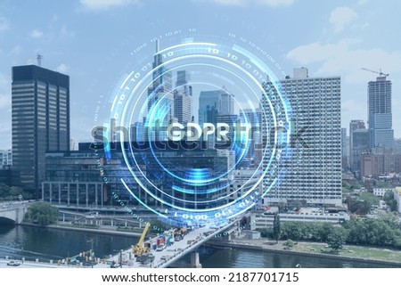 Aerial panorama city view of Philadelphia financial downtown at day time, Pennsylvania, USA. GDPR hologram, concept of data protection regulation and privacy for all individuals in EU Area