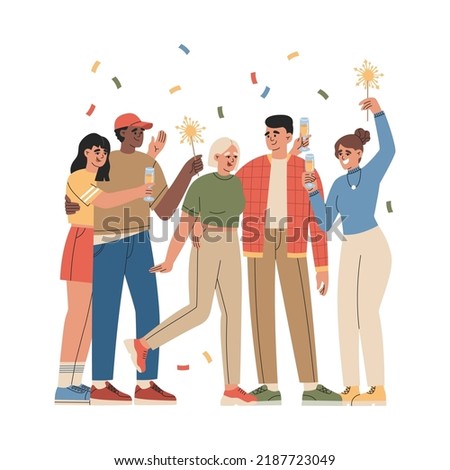 Group of happy guys and girls celebrating holiday with sparklers, confetti and drinks. Young peoples have fun together. Hand drawn vector illustration isolated on white background. Flat cartoon style.